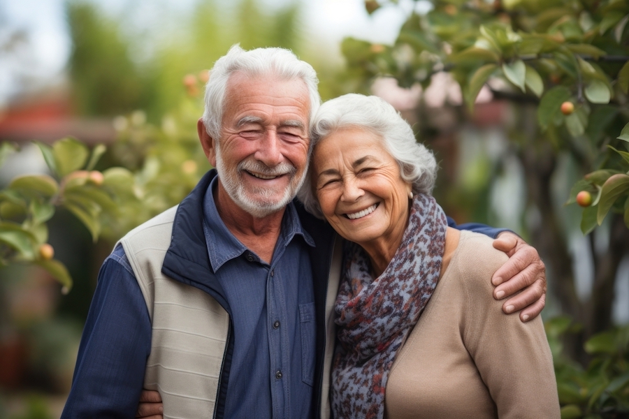 Smiling older couple with dental crowns hugs outside by a green tree